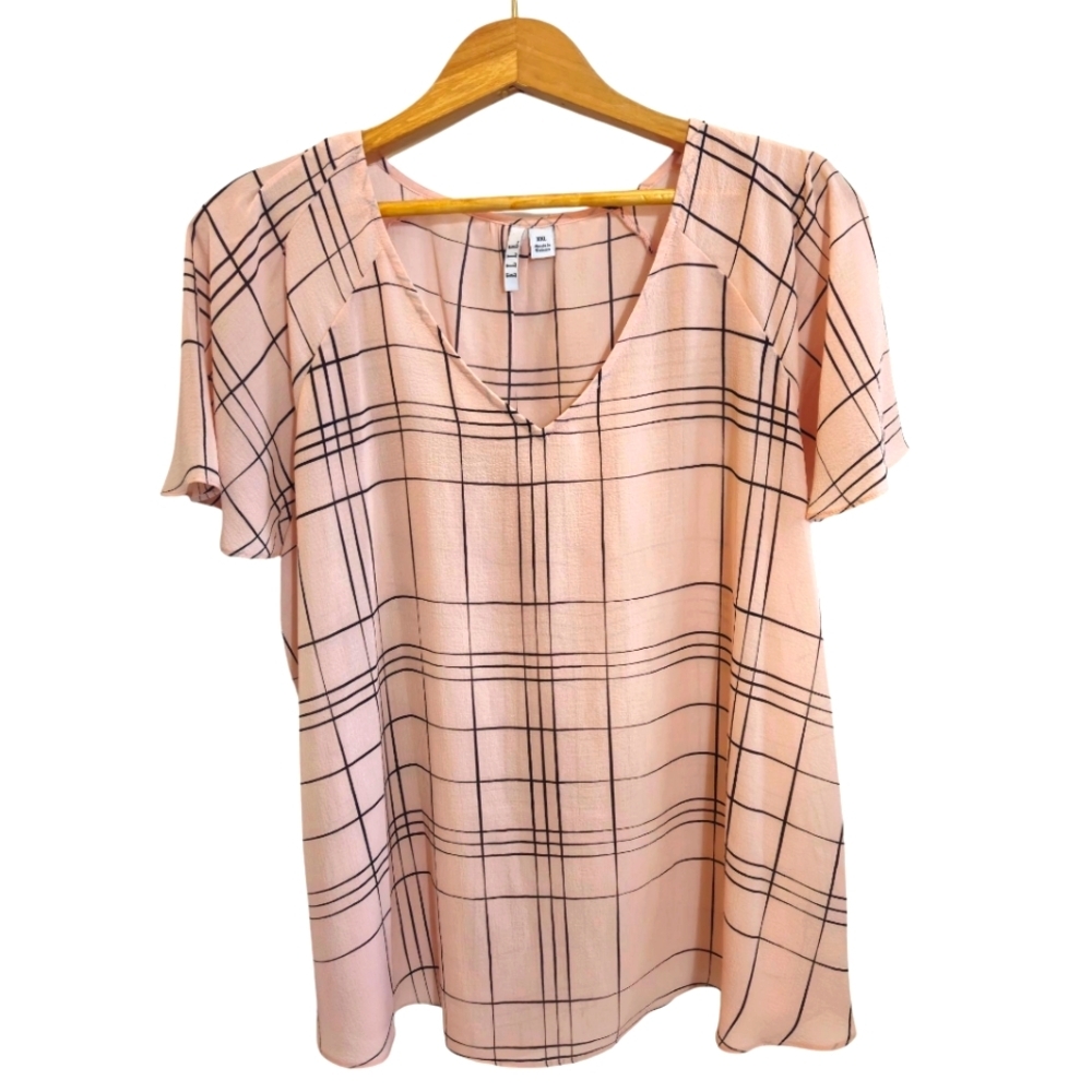 🌼3 for $15🦋 ELLE Sheer V-neck Pullover Top Pink and Black  Size XXL
